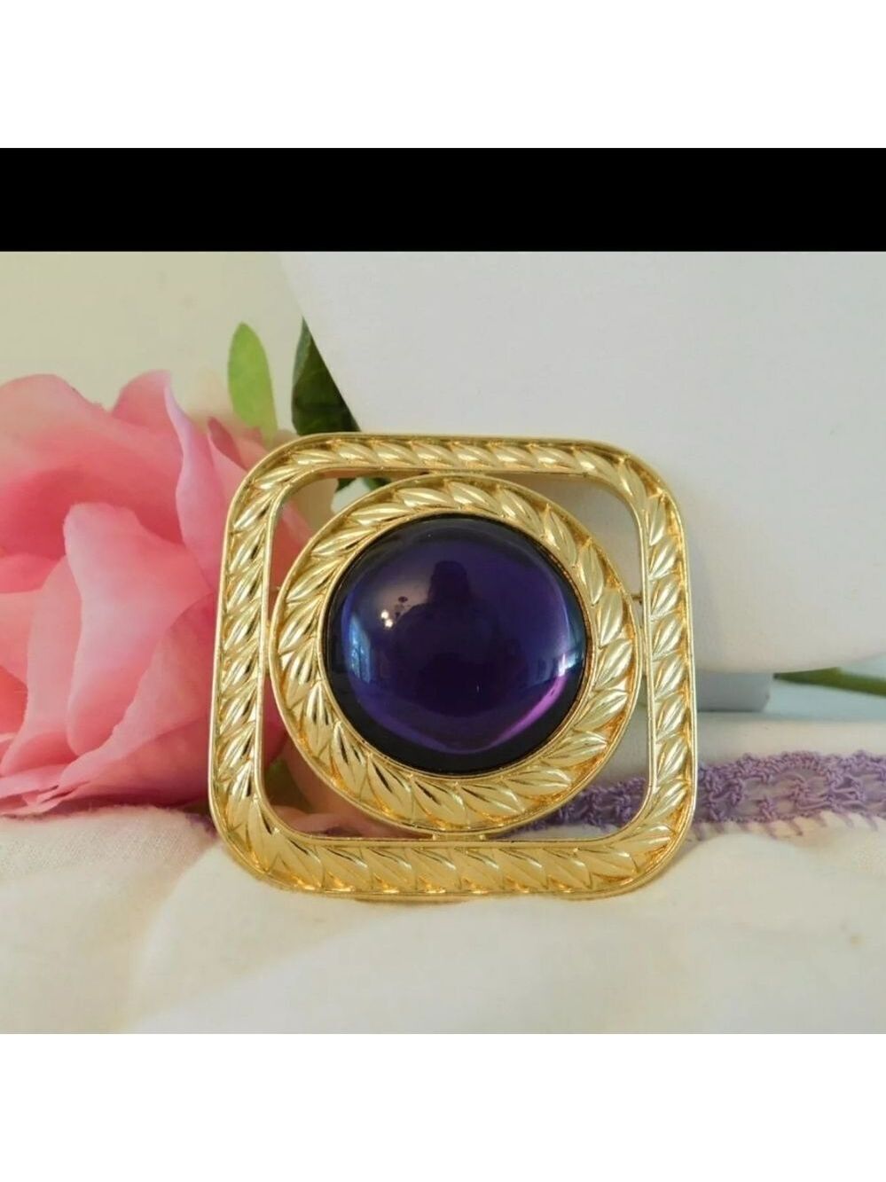 Trifari Purple Cabochon Brooch Vintage Signed Large Pin